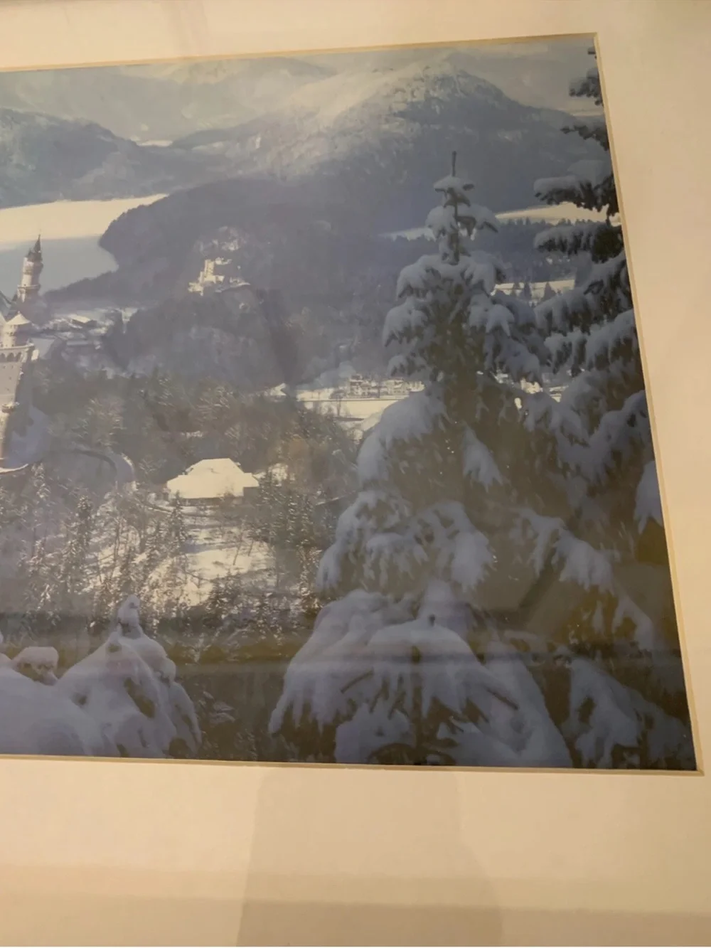 Vintage Neuschwanstein Castle Print Framed Snow